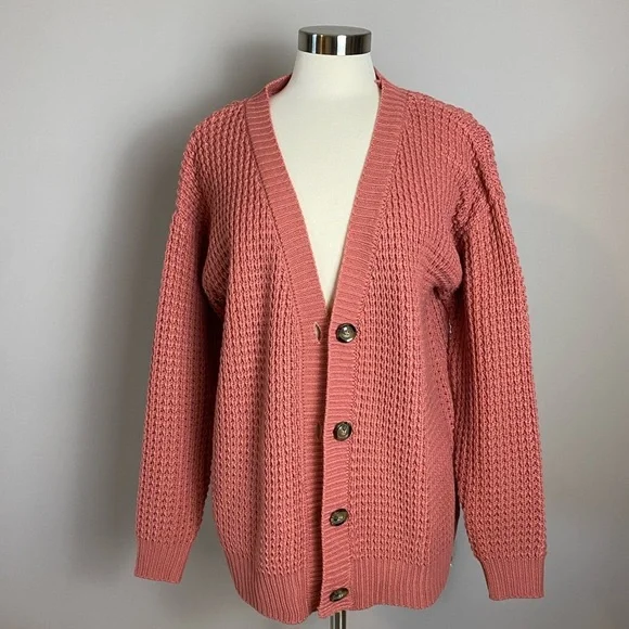 Zenana Outfitters Cardigan Cotton Boutique Waffle Knit Button-Down Rose Large - Picture 2 of 11